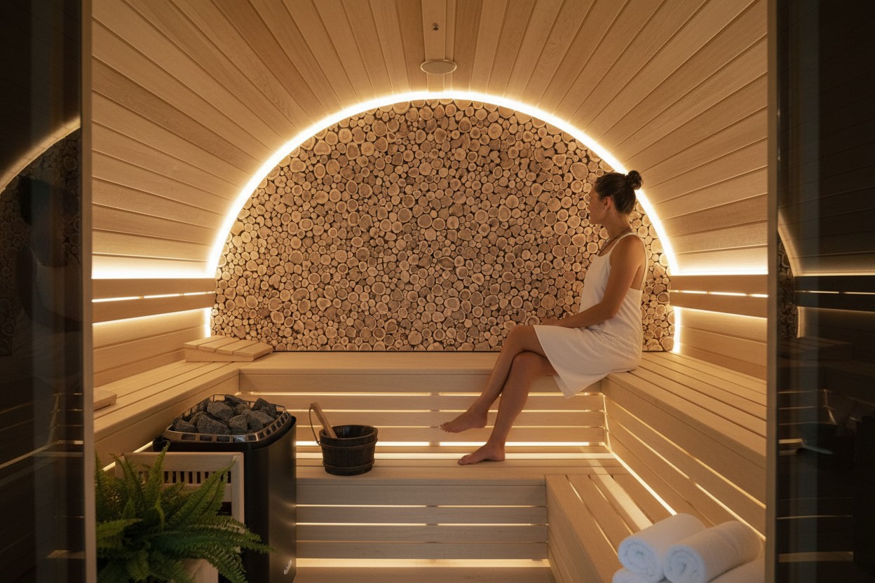 Juniper panels in a sauna interior Juniper panels in a completed sauna interior